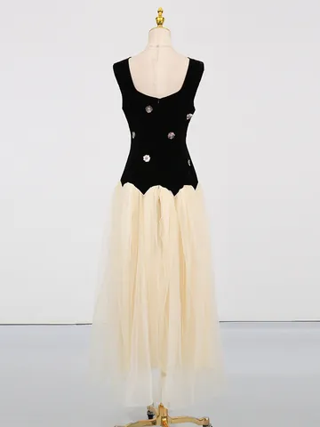 Dames Elegant Zwart Fluweel Crème Mesh Patchwork Maxi Jurk Mouwloos Strass Kralen Floral Slim Fit Avond Feest Lange Jurk