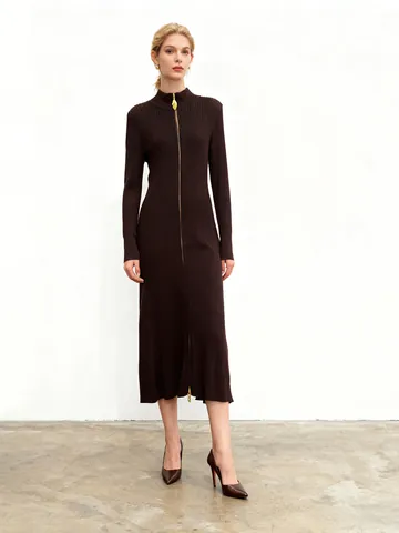 Vestito Midi da Donna Elegante in Maglia Aderente con Cerniera Intera Manica Lunga Bodycon Tinta Unita a Costine Ufficio