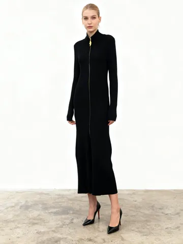 Vestito Midi da Donna Elegante in Maglia Aderente con Cerniera Intera Manica Lunga Bodycon Tinta Unita a Costine Ufficio
