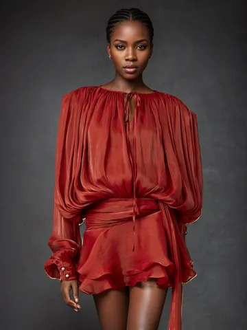 Women Elegant Puff Sleeve Ruffle Hem Mini Dress Pleated Mesh Tie Neck Long Sleeve Dress Sweet Solid Color Party Dress