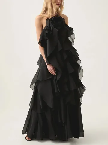 Women's Halter Neck Backless Patchwork Ruffle Maxi Dress Elegant 3D Flower Party Beach Long Dress 2026 Spring New Arrivals