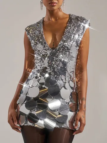 Women Sexy V-Neck Sleeveless Sequin Patchwork Dress Luxurious High Waist Hip-Hugging Mini Banquet Party Dress Nightclub Dress
