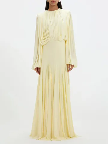 Robe Longue Plissée Élégante de Style Français Pour Femmes Col Rond Taille Haute Manches Longues Couleur Unie Soirée