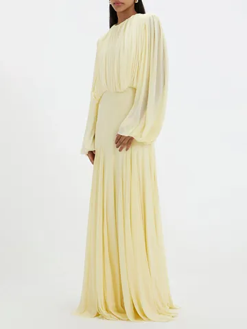 Robe Longue Plissée Élégante de Style Français Pour Femmes Col Rond Taille Haute Manches Longues Couleur Unie Soirée