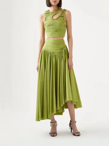 Conjunto Sexy Plisado Para Mujer Top And Bottom Set Camisa Bandeau Sin Mangas Y Falda Midi Asimétrica De Cintura Alta Atuendo De Dos Piezas Para Fiesta De Verano