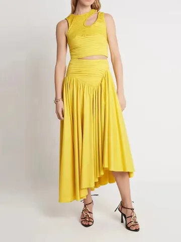 Conjunto Sexy Plisado Para Mujer Top And Bottom Set Camisa Bandeau Sin Mangas Y Falda Midi Asimétrica De Cintura Alta Atuendo De Dos Piezas Para Fiesta De Verano
