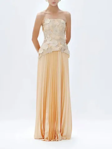 Elegant 3D Floral Sleeveless Top And High Waist Pleated Skirt Outfit Luxurious Yellow Top And Bottom Formal Party Clothes