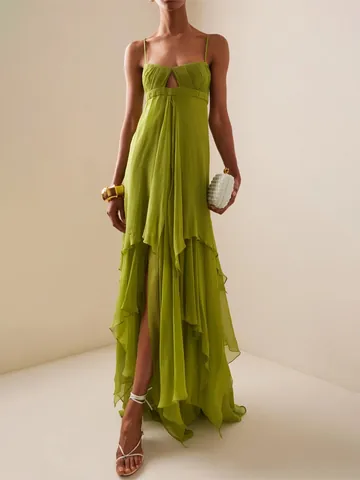 Vestito Lungo da Donna Stile Vacanza Cami Maxi Elegante Increspato Orlo Irregolare Tinta Unita Senza Maniche Party Vestito