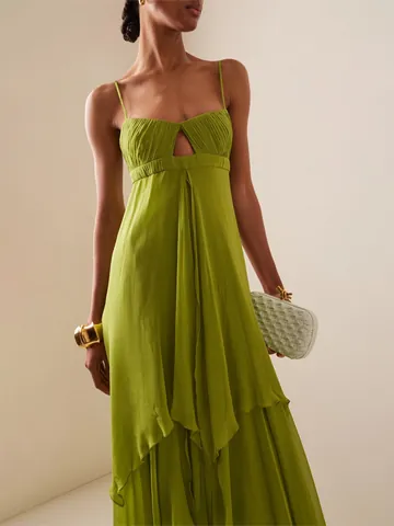 Vestito Lungo da Donna Stile Vacanza Cami Maxi Elegante Increspato Orlo Irregolare Tinta Unita Senza Maniche Party Vestito