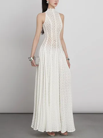 Vietnamese Style Retro Lace Maxi Dress Slim Elegant White Wedding Guest Dress Women Solid Color Ruffle Sleeveless Dress