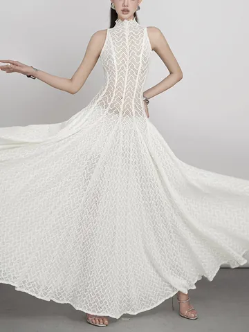 Vietnamese Style Retro Lace Maxi Dress Slim Elegant White Wedding Guest Dress Women Solid Color Ruffle Sleeveless Dress