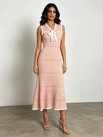 Elegantes Ärmelloses Strickkleid Im Koreanischen Stil Hohe Taille Fischschwanz-Design V-Ausschnitt Karomuster Kleid Für Damen