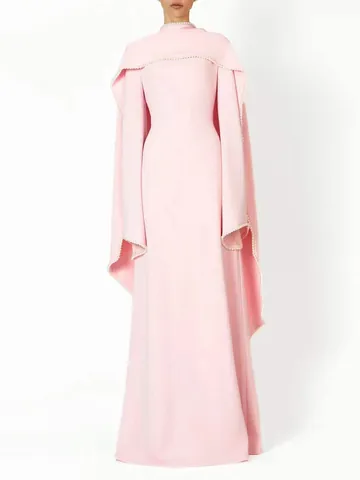 French Elegant Cape Sleeve Maxi Dress Women Solid Color Beaded Pearl Trim High Waist Slimming Banquet Evening Gown Polyester Dress