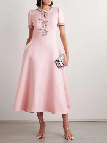 Damen Süßes Koreanischer Stil Maxi Kleid Strass Verziert Rundhalsausschnitt Schleife A-Linie Polyester Baumwolle Kurzarm Kleid