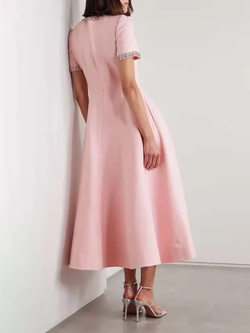 Damen Süßes Koreanischer Stil Maxi Kleid Strass Verziert Rundhalsausschnitt Schleife A-Linie Polyester Baumwolle Kurzarm Kleid