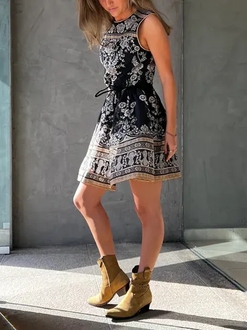 French Retro Palace Style Sleeveless Round Neck Printed Dress For Women High Waist A-line Mini Dress With Waist Tie