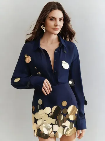 Women Elegant Celebrity Style Sequin Patchwork Top And Bottom Polyester Long Sleeve Single Breasted Shirt Mini Skirt Banquet Party Outfit