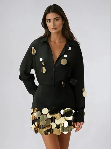 Women Elegant Celebrity Style Sequin Patchwork Top And Bottom Polyester Long Sleeve Single Breasted Shirt Mini Skirt Banquet Party Outfit
