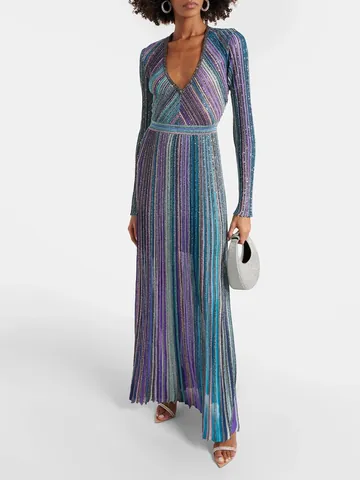 Elegant Colorful Striped Knit Maxi Dress For Women Low Neck Long Sleeve Slim Fit Mercerized Polyester Cotton Dress Spring Party