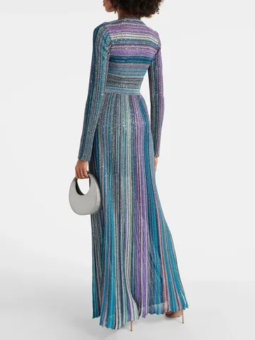 Elegant Colorful Striped Knit Maxi Dress For Women Low Neck Long Sleeve Slim Fit Mercerized Polyester Cotton Dress Spring Party