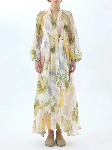 Vestido Largo Con Estampado Floral Para Mujer Dulce Cuello En V Manga Abullonada Vestido Largo Con Vuelo Estilo Fresco