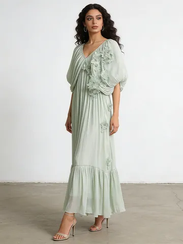Romantic V Neck Batwing Sleeve 3D Floral Patchwork Maxi Dress Elegant Holiday Style Polyester Cotton Women Long Dress