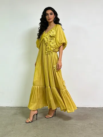 Romantic V Neck Batwing Sleeve 3D Floral Patchwork Maxi Dress Elegant Holiday Style Polyester Cotton Women Long Dress
