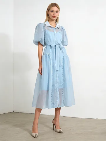 Vestito da Donna Fresco Dolce Tinta Unita Revers Monopetto Lacci Vita Manica a Sbuffo Ricamato Intarsiato Vestito Maxi
