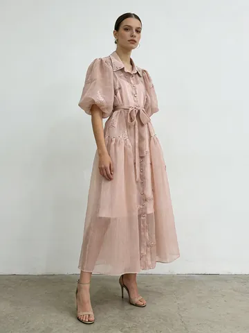 Vestito da Donna Fresco Dolce Tinta Unita Revers Monopetto Lacci Vita Manica a Sbuffo Ricamato Intarsiato Vestito Maxi