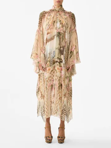 Robe Maxi Style Palais Français Imprimé Floral Léopard Femme Col Haut à Nouer Manches Longues Vintage Élégante Ligne A