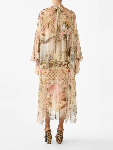 Robe Maxi Style Palais Français Imprimé Floral Léopard Femme Col Haut à Nouer Manches Longues Vintage Élégante Ligne A