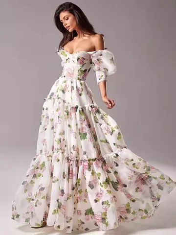 Romantic Retro Women Floral Print Maxi Dress Off-Shoulder Heart Neckline Boned Waist Puff Sleeve Elegant Polyester Party Gown
