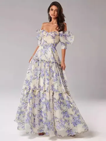 Romantic Retro Women Floral Print Maxi Dress Off-Shoulder Heart Neckline Boned Waist Puff Sleeve Elegant Polyester Party Gown