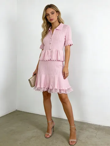 French Sweet Knitted Top And Bottom For Women Polo Neck Button Top And High Waist Lace A-line Skirt Elegant Dating Outfit