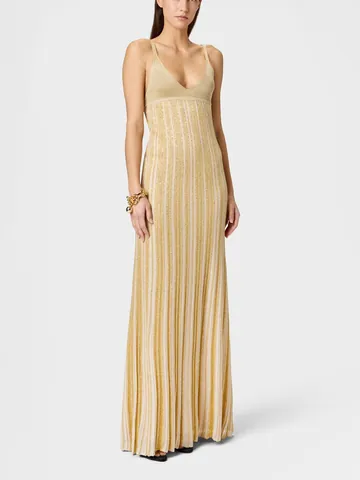 Women Resort Style Sleeveless V-Neck Maxi Dress Elegant Pleated Polyester Striped Strappy Long Dress For Beach Vacation