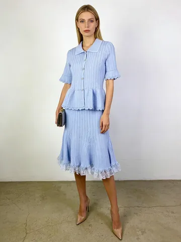 French Sweet Knitted Top And Bottom For Women Polo Neck Button Top And High Waist Lace A-line Skirt Elegant Dating Outfit