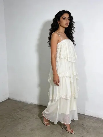 Sweet Tiered Maxi Dress For Women Lace Patchwork Sleeveless Bandeau Spaghetti Strap Polyester Cotton Long Dress 2026 Spring