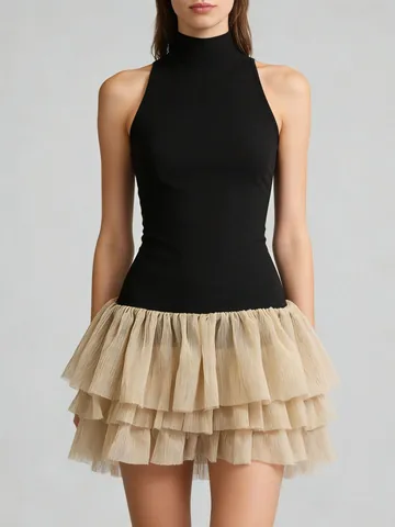French Vintage Contrast Mini Dress Sleeveless High Neck Patchwork Tutu Skirt Polyester Slim Fit Evening Party Women Dress