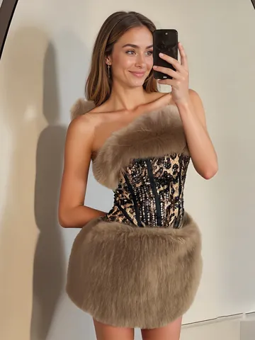 Women Sexy Leopard Print Sequin Triple Piece Set Faux Fur Patchwork Tube Top Skirt And Neckpiece Fashion Party Outfit