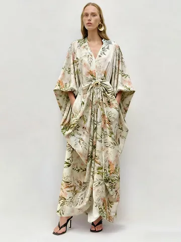 Polyester Cotton Floral V Neck Batwing Sleeve Maxi Dress With Metal Buckle Casual Loose Elegant Long Dress For Women