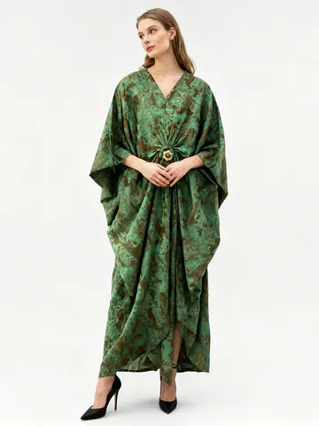 Polyester Cotton Floral V Neck Batwing Sleeve Maxi Dress With Metal Buckle Casual Loose Elegant Long Dress For Women