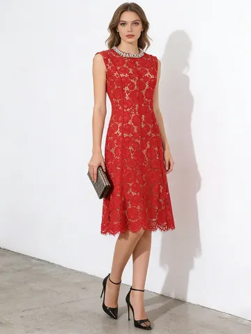 Women Sleeveless Round Neck Lace Floral Midi Dress Elegant Artificial Pearl Beaded Polyester Rhinestone Party Banquet Dress