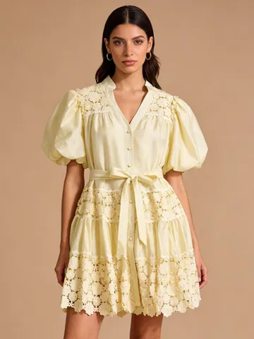 French Pastoral V-Neck Puff Sleeve Hollow-out Mini Dress For Women Vintage Solid Color Slimming Tie Waist Short Dress Casual Vacation Sun Dress