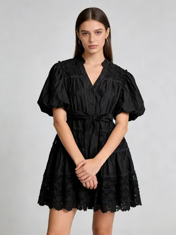 French Pastoral V-Neck Puff Sleeve Hollow-out Mini Dress For Women Vintage Solid Color Slimming Tie Waist Short Dress Casual Vacation Sun Dress