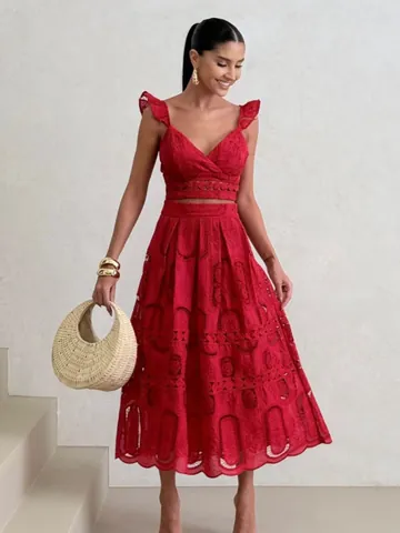 Women V-Neck Flutter Sleeve Crop Top And High Waist Eyelet Embroidery Maxi Skirt Top And Bottom Resort Wear Cotton Blend