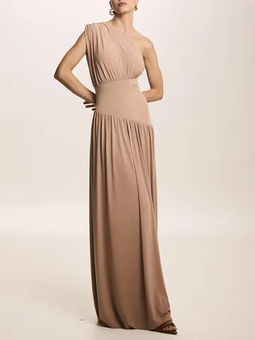 Vestito Lungo Maxi Monospalla Elegante Francese da Donna a Pieghe Minimalista Tinta Unita Snellente in Poliestere per Banchetto Serale Festa