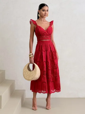 Women V-Neck Flutter Sleeve Crop Top And High Waist Eyelet Embroidery Maxi Skirt Top And Bottom Resort Wear Cotton Blend