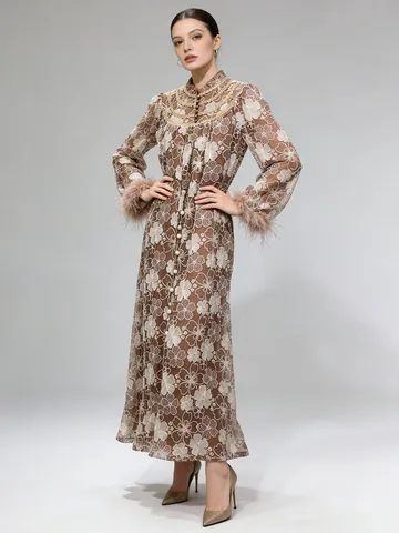 Women Resort Lace Embroidery Maxi Dress Stand Collar Pearl Button Feather Cuff Elegant High-End A-Line Party Long Dress