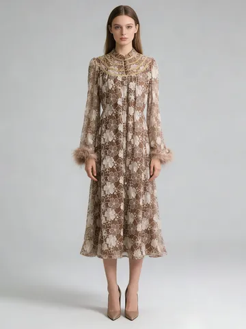 Women Resort Lace Embroidery Maxi Dress Stand Collar Pearl Button Feather Cuff Elegant High-End A-Line Party Long Dress