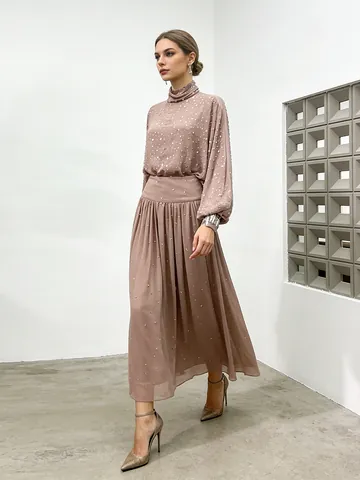 Women Elegant Rhinestone Two-Piece Set High Neck Loose Long Sleeve Top And A-Line Long Skirt Polyester Cotton Co-ord Set
